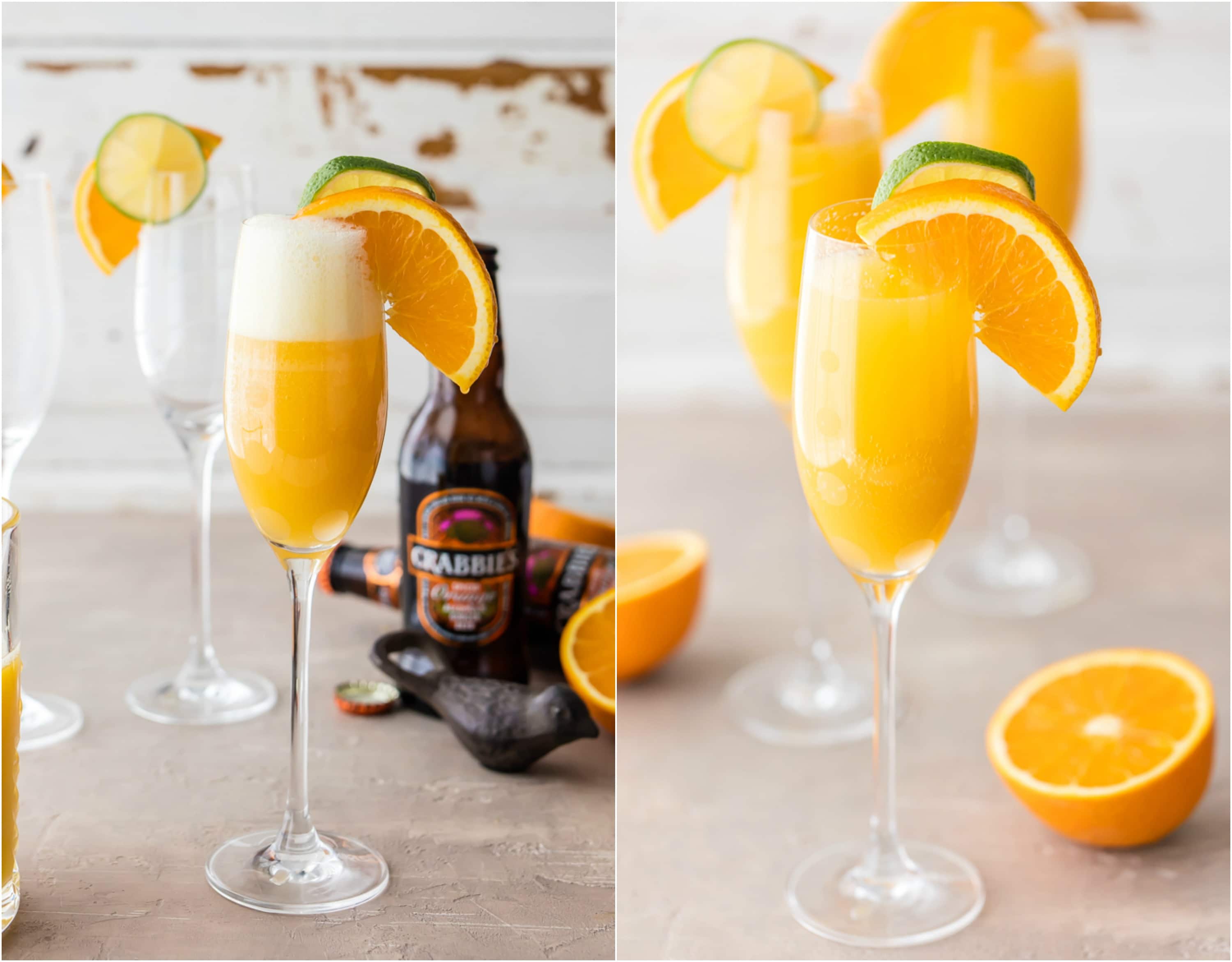 Moscow Mule Mimosas make for the BEST BRUNCH EVER! So easy, unique, delicious, and fun! Spiked ginger beer, orange juice, and champagne! YUM!