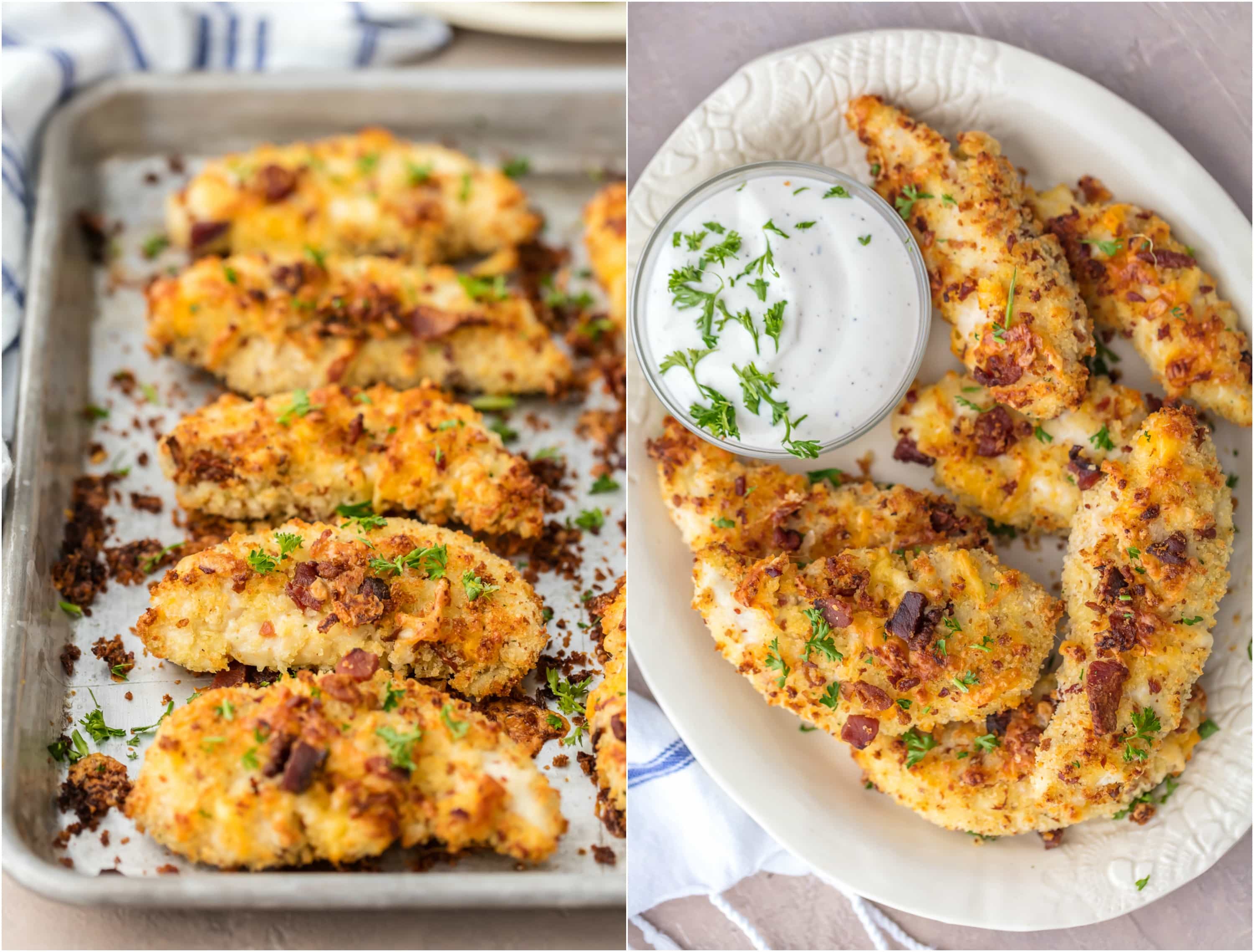 CHEDDAR BACON RANCH CHICKEN TENDERS! These Baked Chicken Strips are SO CRISPY, flavorful, and delicious. Coated in ranch, cheese, and bacon, and baked to perfection. Dip in extra ranch for the perfect snack!