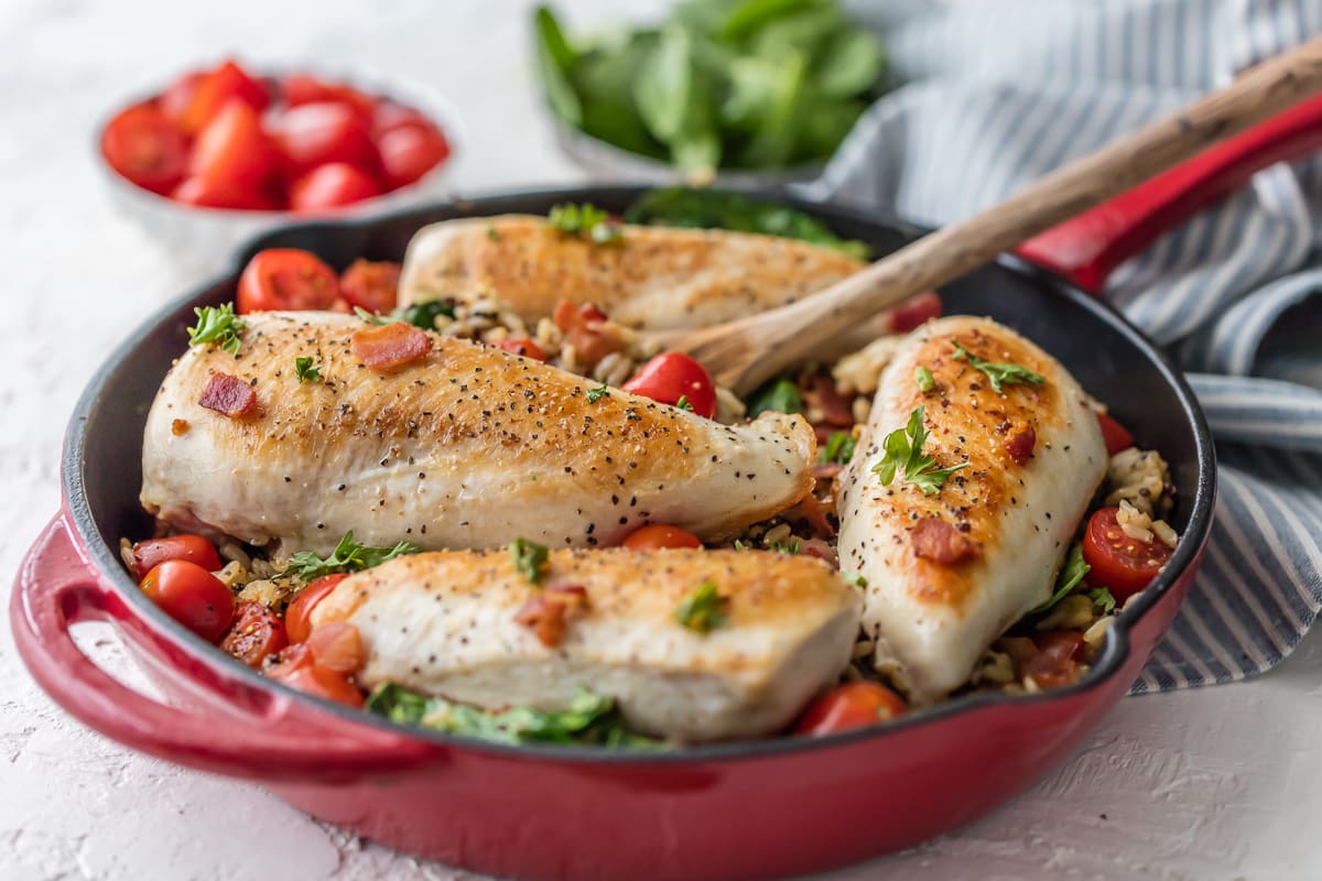 Chicken and Rice Skillet recipe with spinach, tomatoes, and bacon