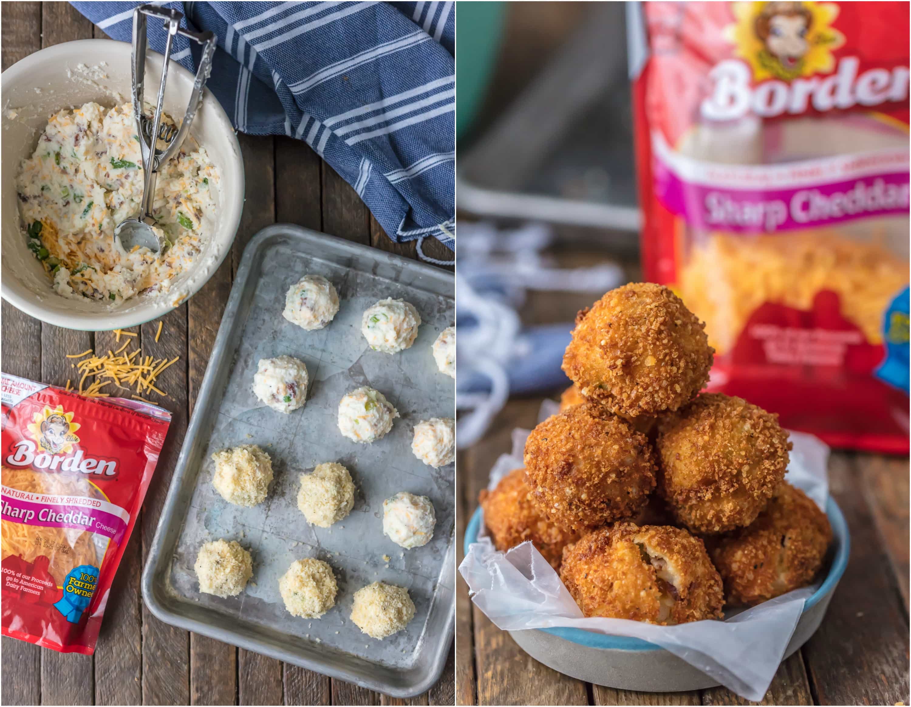 mashed potato bites on cookie sheet and in a bowl once fried