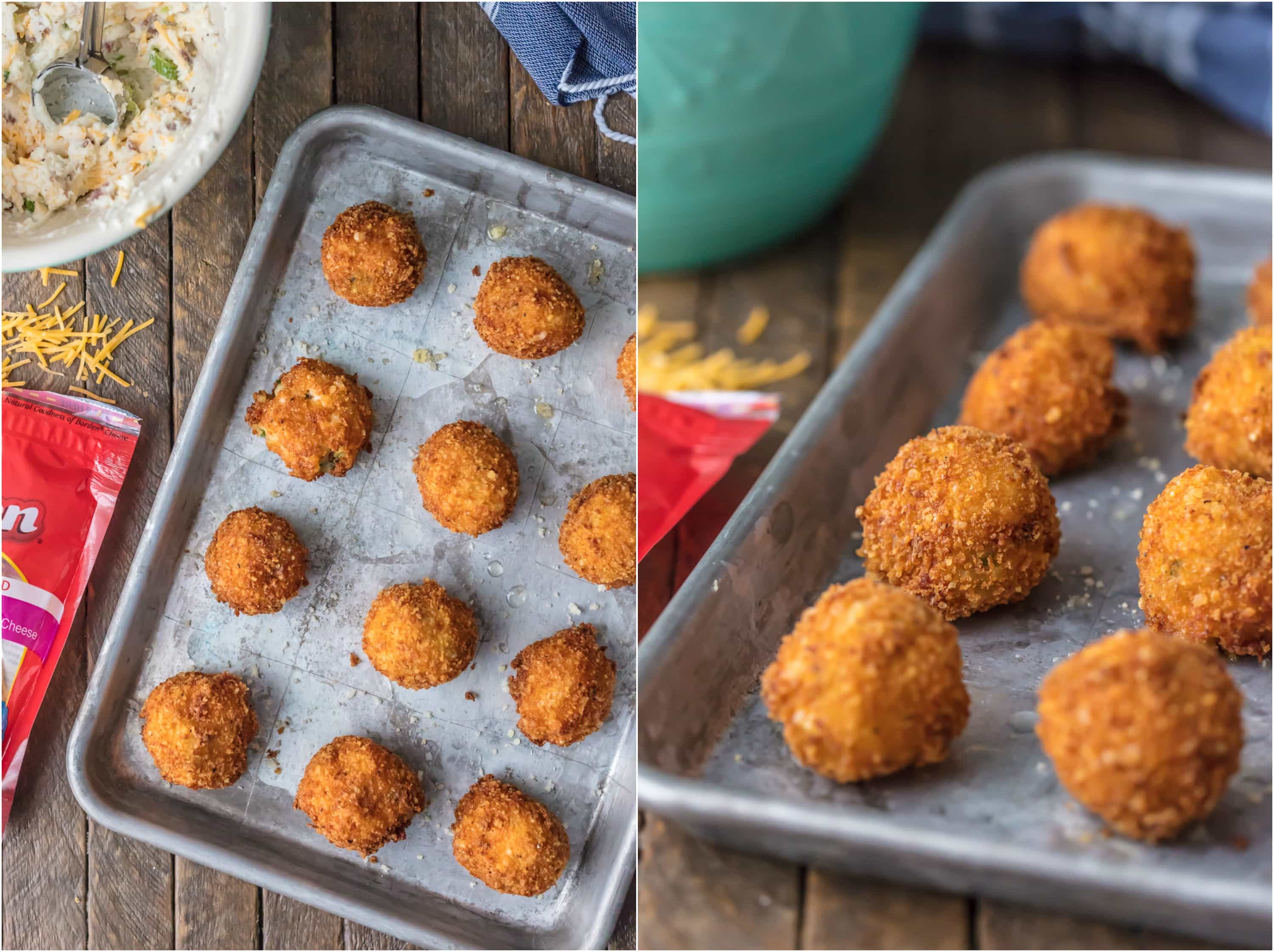 Fried mashed potato bites on cookie sheets