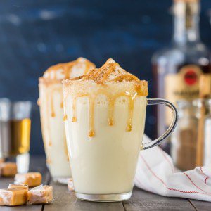 salted caramel eggnog in a glass mug