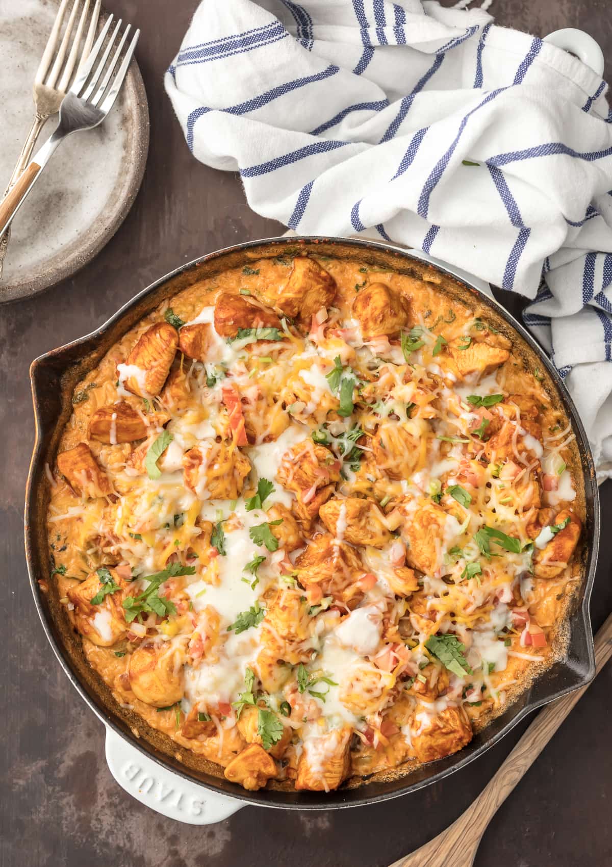 chicken skillet recipe with cheese, taco seasoning, rice, and more