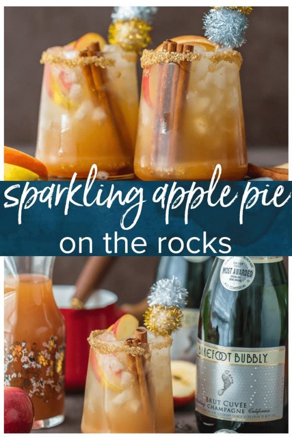 SPARKLING APPLE PIE ON THE ROCKS is the perfect Fall cocktail! Cinnamon Apple Cider mixed with Caramel Apple Simple Syrup and topped with bubbly champagne. This apple cider cocktail is the best holiday drink ever!