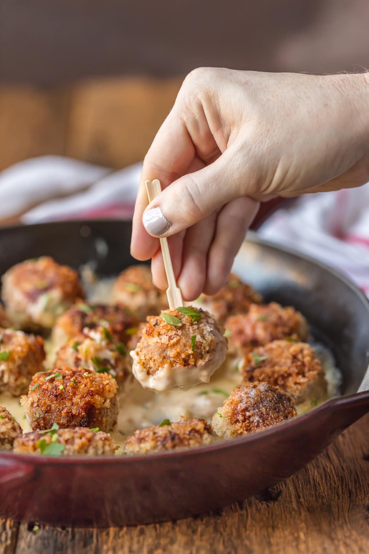 Chicken meatball dipped in dijon cream sauce