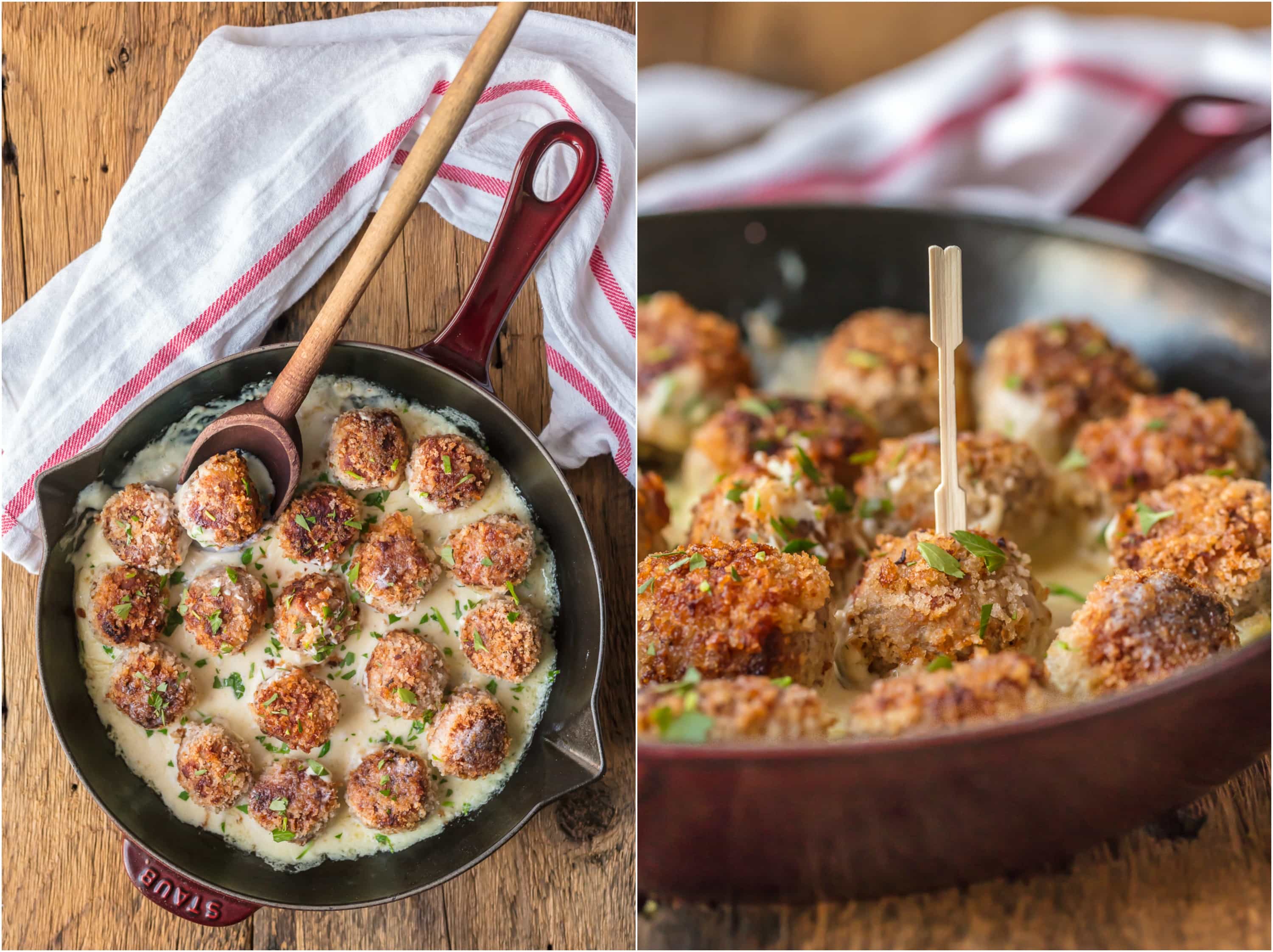 CHICKEN CORDON BLEU MEATBALLS, the most amazing holiday appetizer ever! Chicken meatballs stuffed with swiss and ham and cooked in a white wine dijon sauce. I could eat these for every meal!