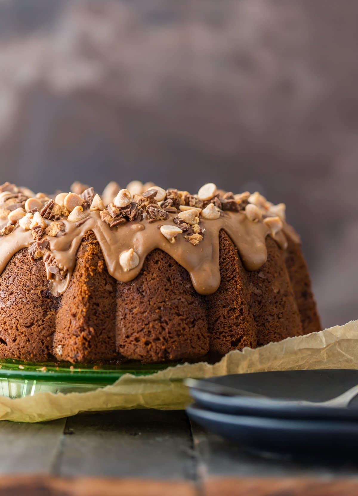 Chocolate Peanut Butter Cake recipe topped with peanut butter frosting