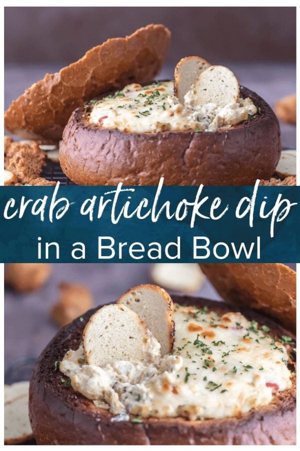 Crab Artichoke Dip in a Bread Bowl is the perfect EASY appetizer for tailgating or celebrating with friends. This delicious crab and artichoke dip is cheesy, hot, and so good. The Super Bowl won't be the same without this simple bread bowl dip!