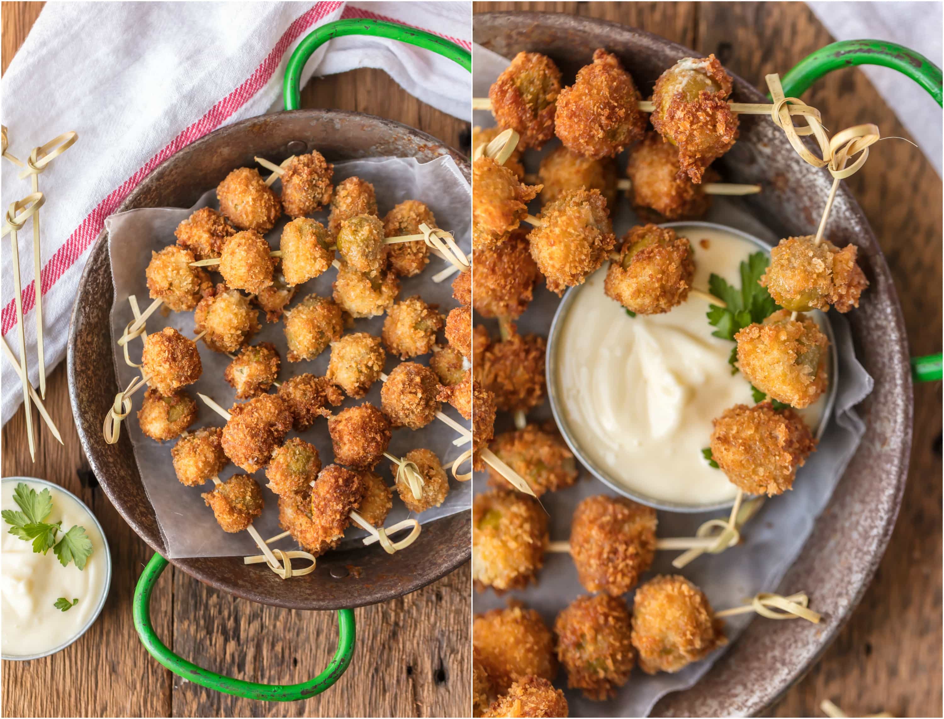 These FRIED BLUE CHEESE STUFFED OLIVES with a simple garlic aioli are absolutely addicting! Such a simple and perfect holiday appetizer, just what you need for Christmas or New Years Eve!