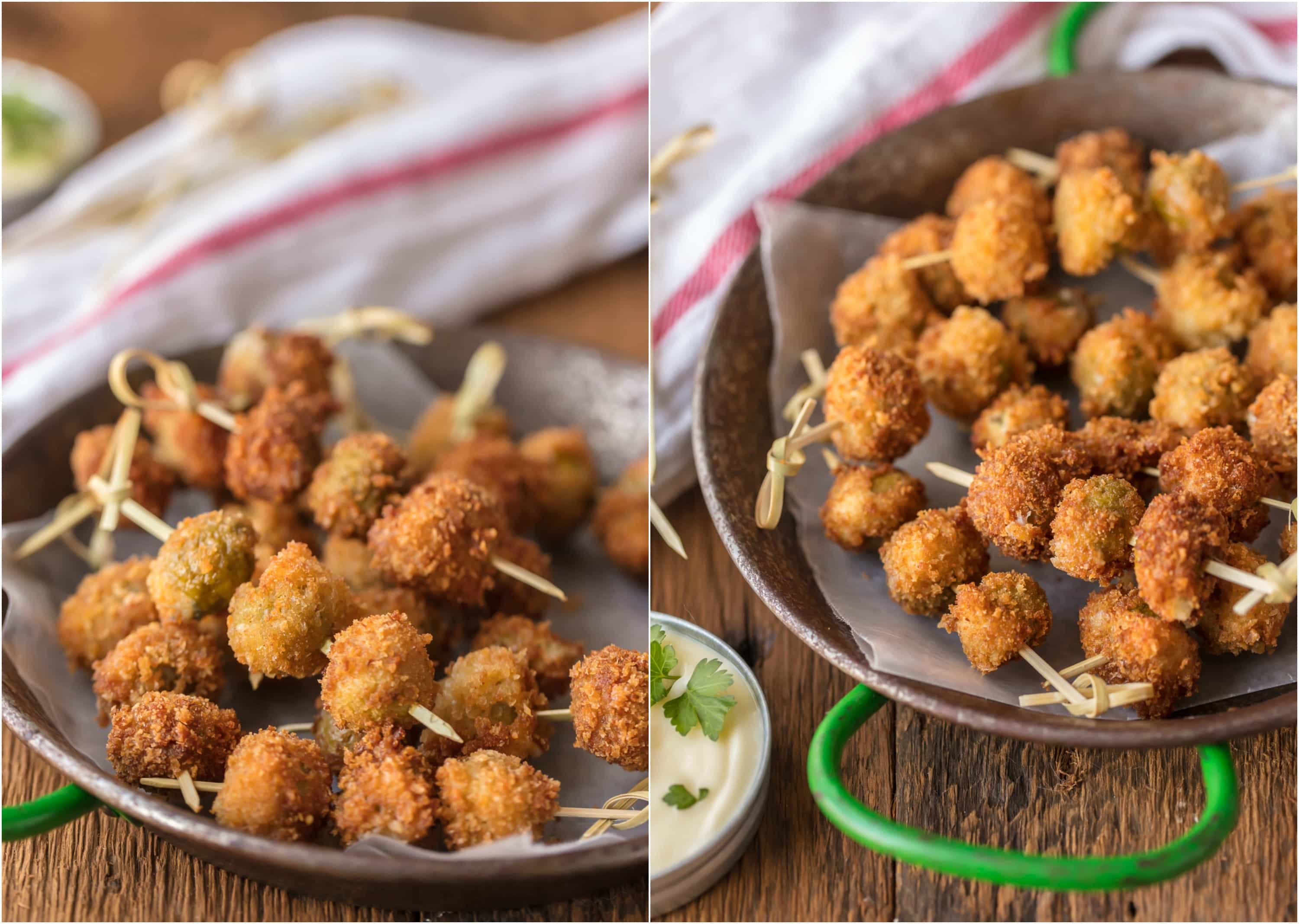 These FRIED BLUE CHEESE STUFFED OLIVES with a simple garlic aioli are absolutely addicting! Such a simple and perfect holiday appetizer, just what you need for Christmas or New Years Eve!