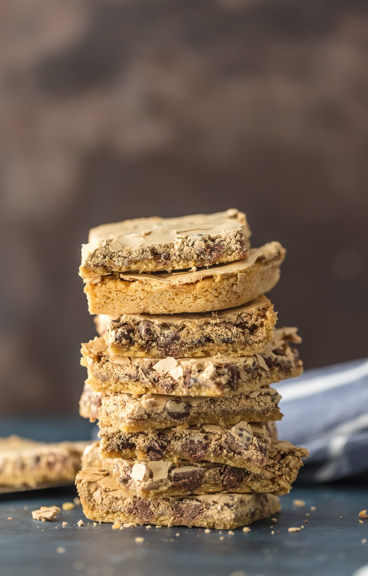 Chocolate Chip Cookies Bars topped with brown sugar meringue