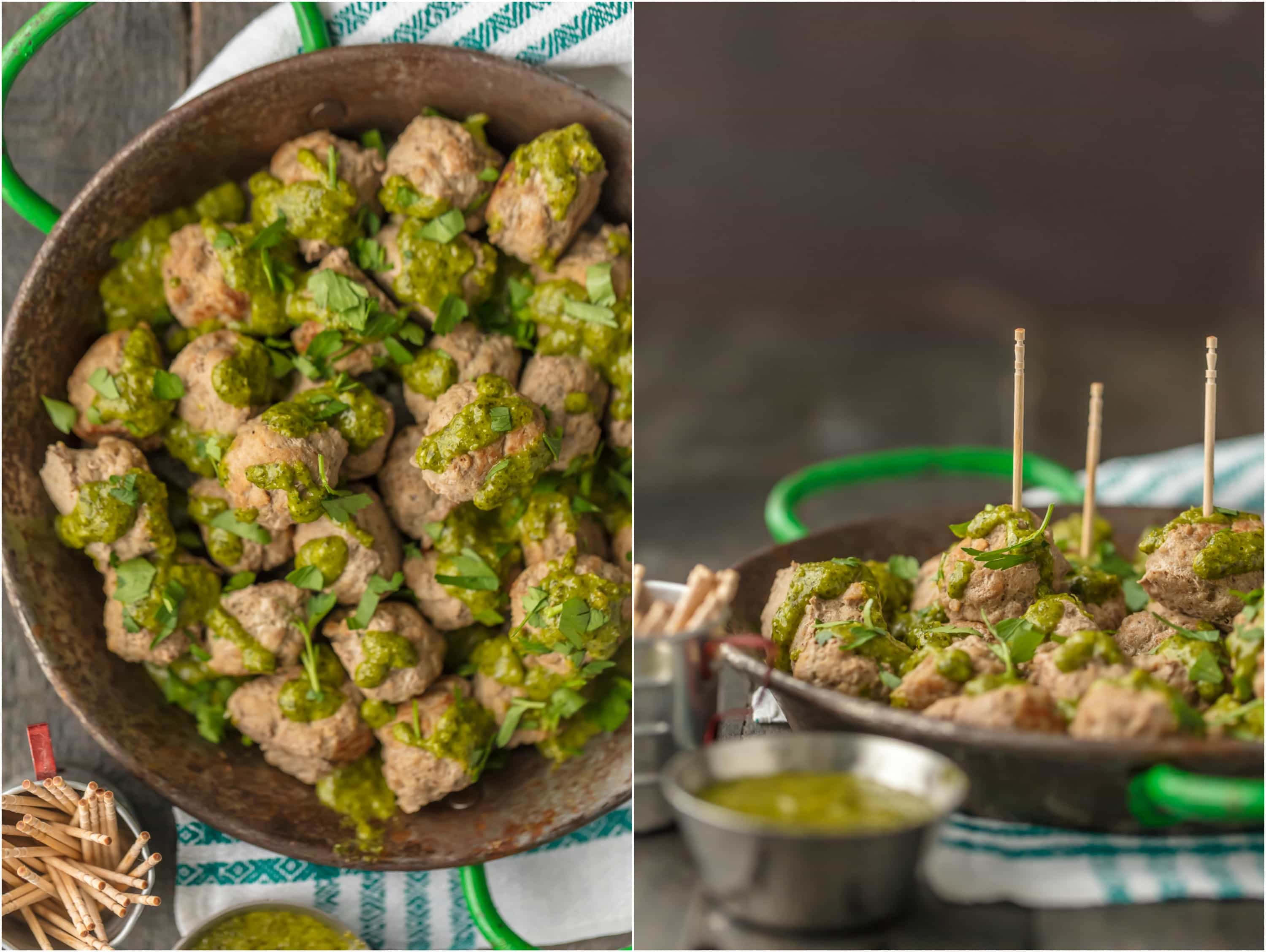 These PERUVIAN DROP MEATBALLS WITH GREEN SAUCE are the perfect holiday or Super Bowl appetizer! The green sauce, made with a parsley base, is just the right amount of spice. The meatballs are just the right amount of easy. Enjoy!