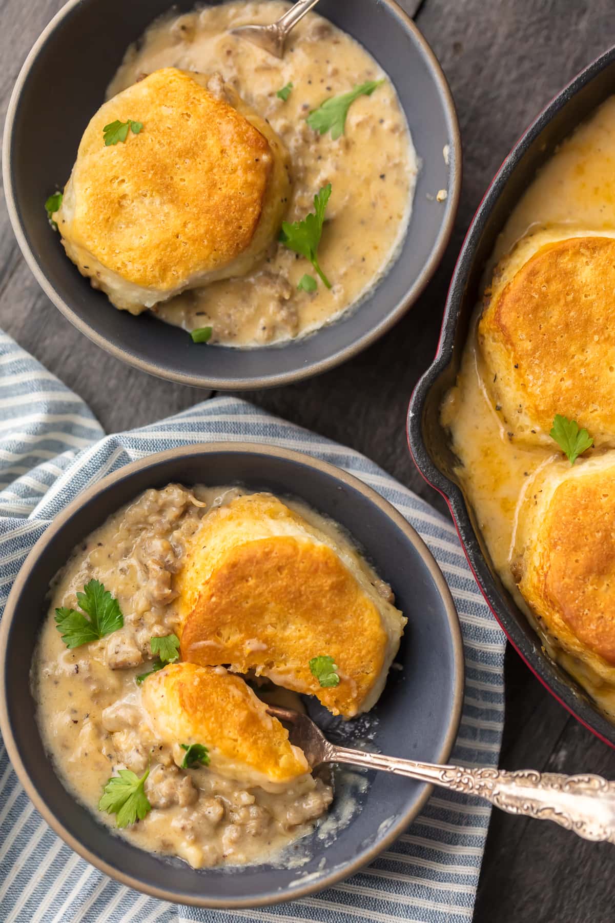 Sausage biscuits and gravy in two bowls