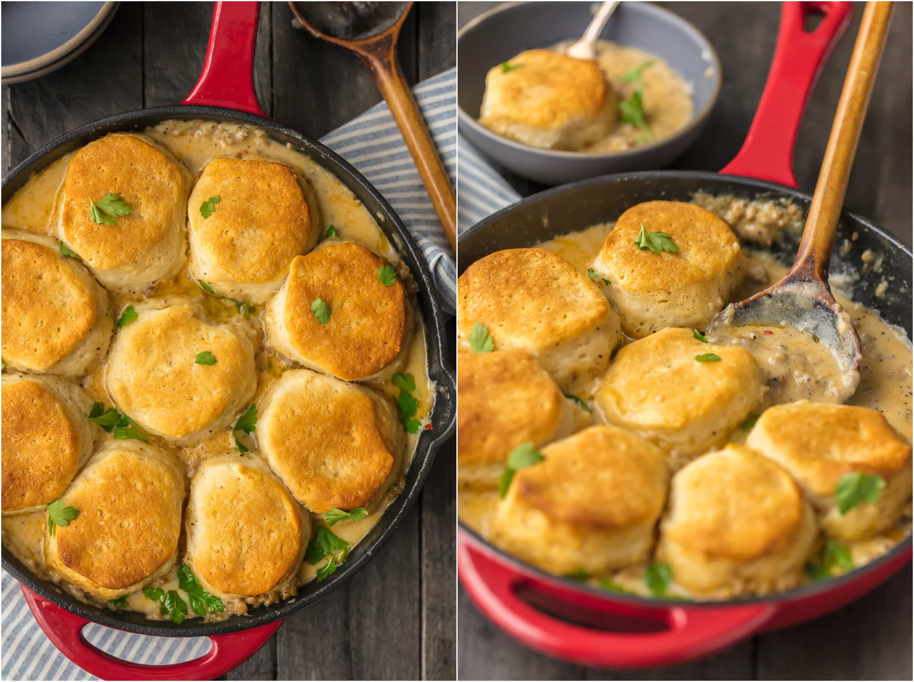 SAUSAGE BISCUITS AND GRAVY SKILLET COBBLER! So easy and delicious! This is our very favorite Christmas morning breakfast and for good reason! Holiday comfort food at its finest.