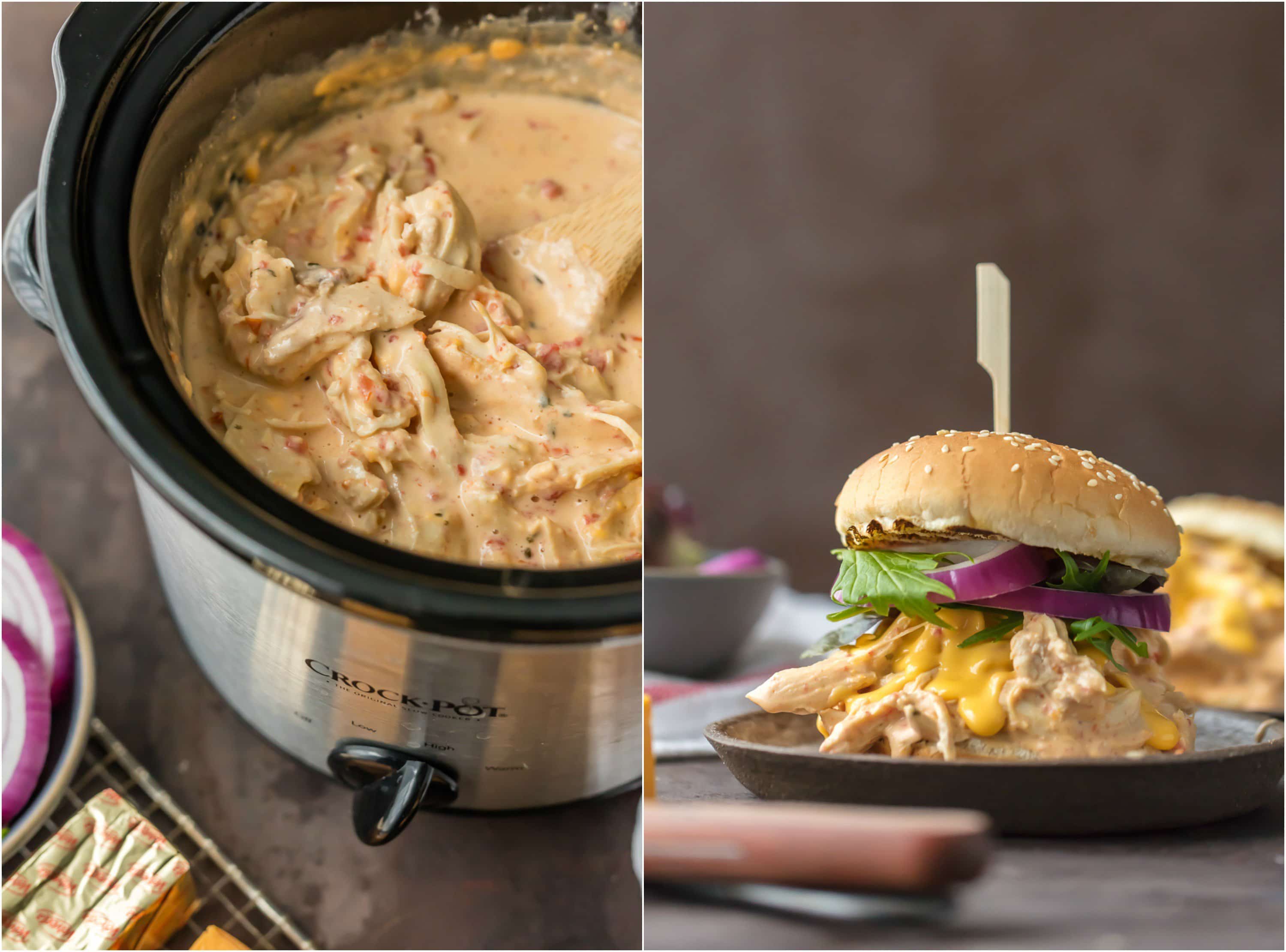 crockpot full of rotel dip chicken and sandwich with rotel dip chicken in it