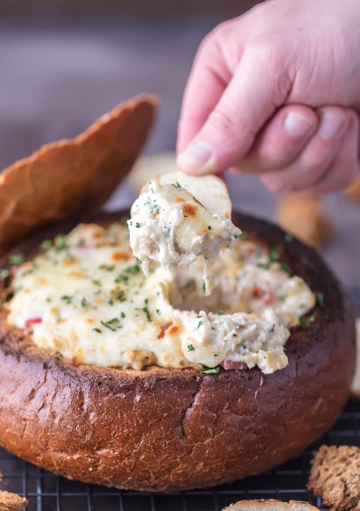 Crab Artichoke Dip in a bread bowl