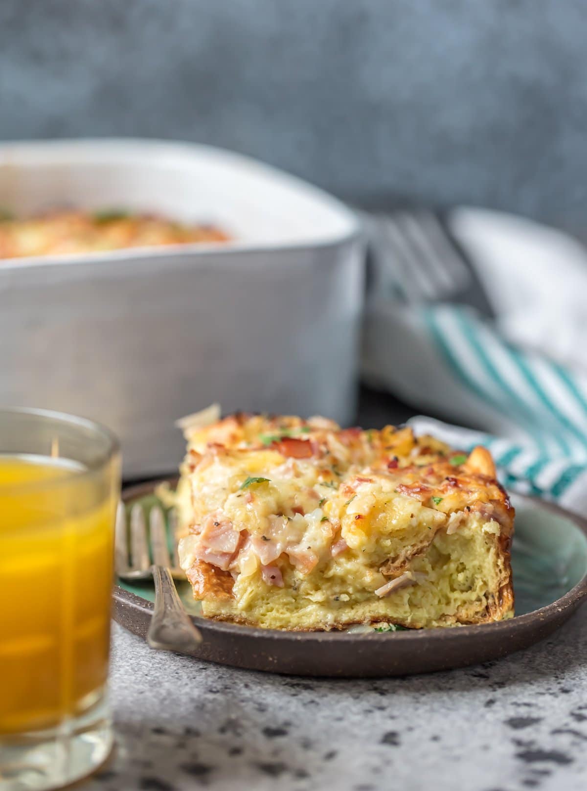 A plate of ham and cheese breakfast casserole