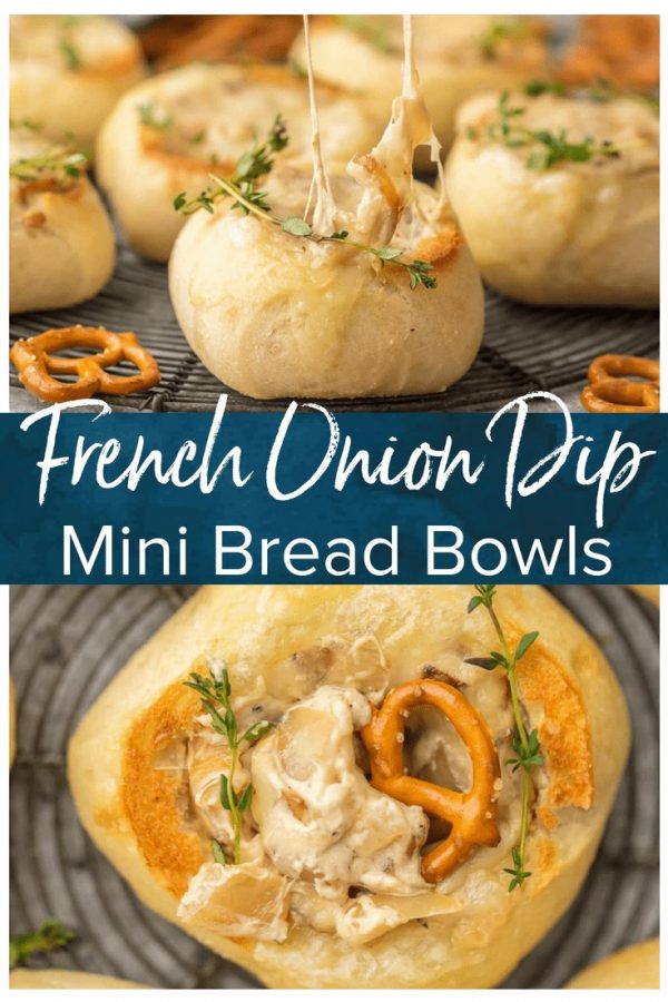 FRENCH ONION DIP is a classic appetizer that should be present at every party. We made this dip even more fun by making it in mini bread bowls! Making bread bowls with fresh rolls is easy, and it makes the perfect appetizer for the Super Bowl.