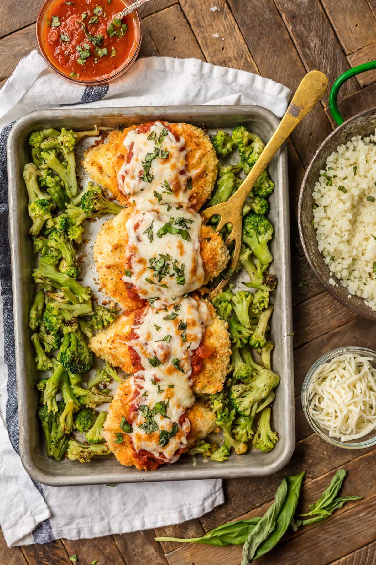 Baked Chicken Parmesan recipe on a sheet pan