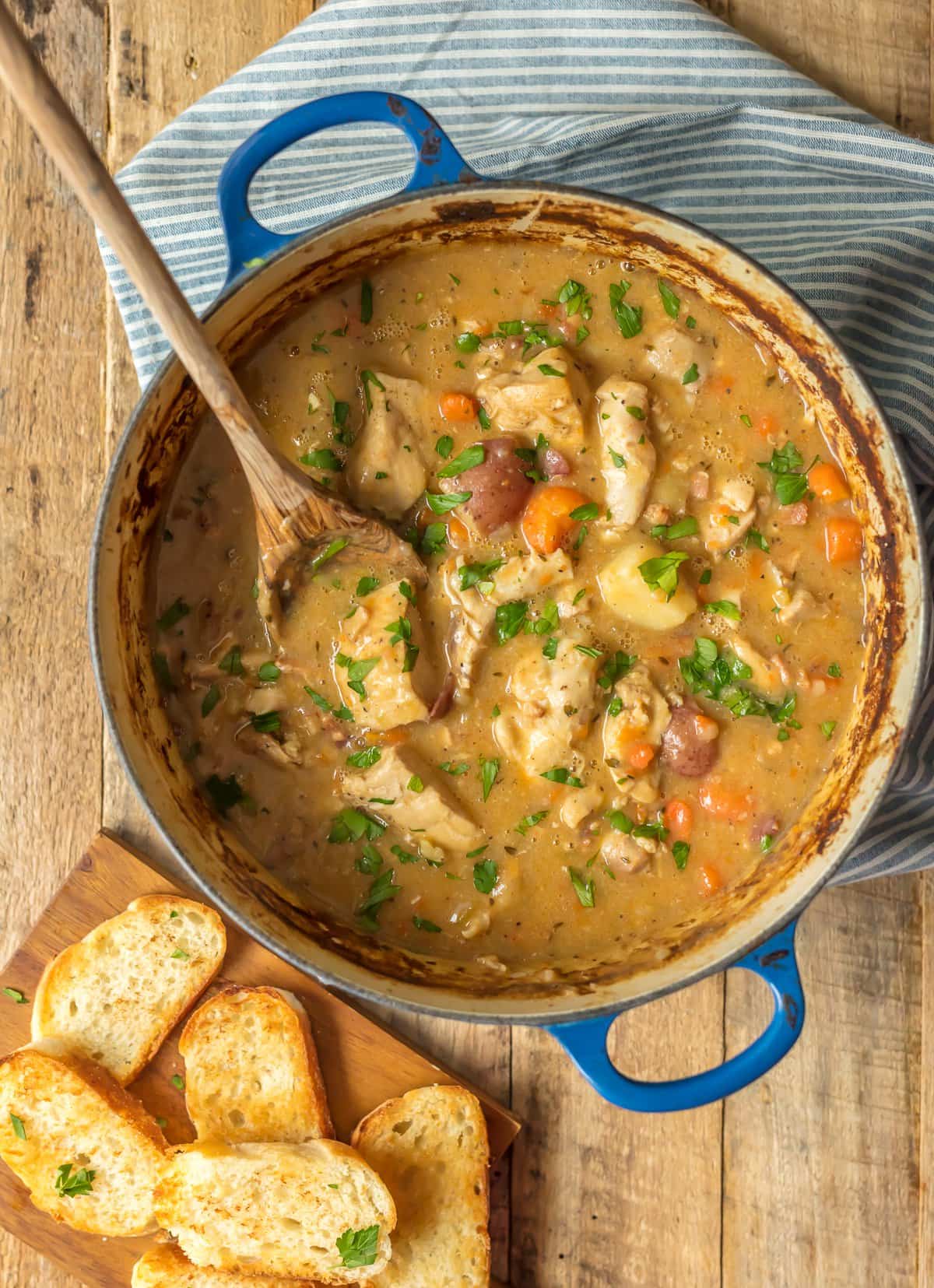 White Wine Chicken Stew recipe in a large blue pot