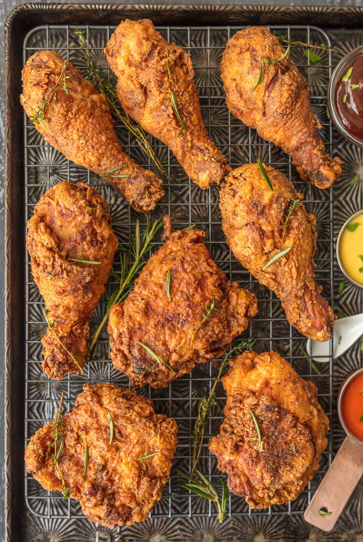 buttermilk fried chicken overhead on baking sheet