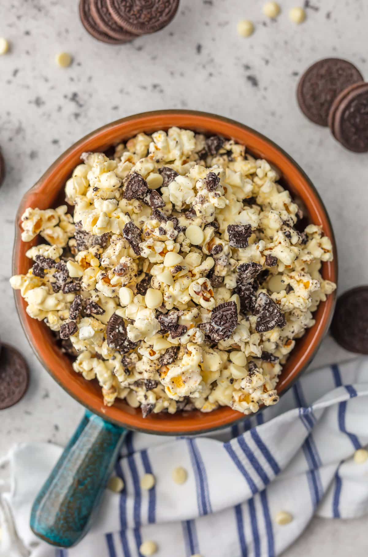 Cookies and Cream Popcorn in a bowl