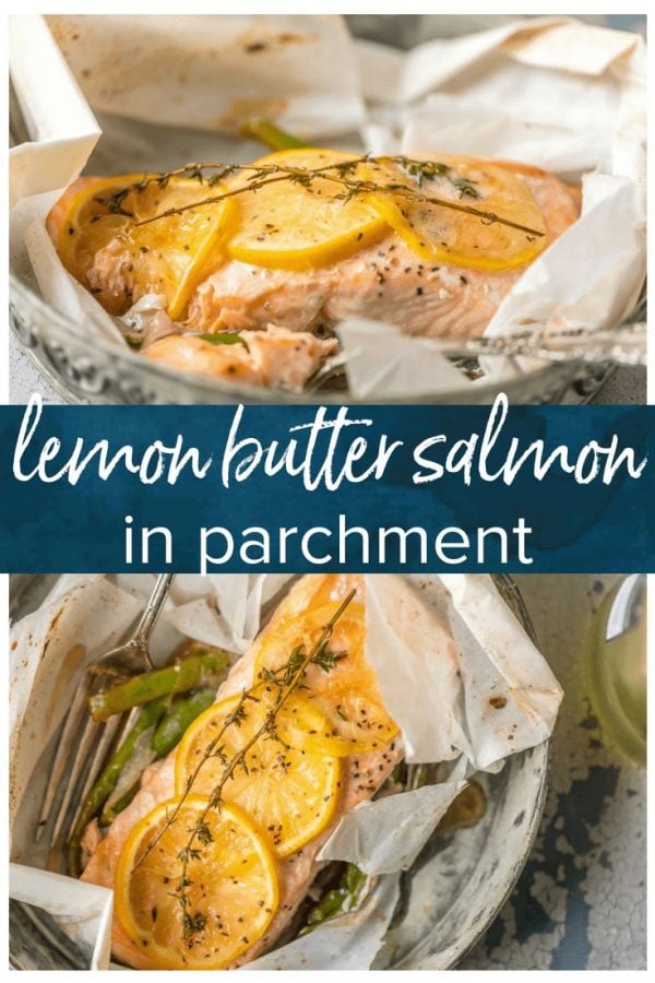 This LEMON BUTTER SALMON IN PARCHMENT PAPER is our favorite way to cook a healthy and delicious seafood meal at home! Asparagus and onion topped with succulent salmon, lemons, and thyme, and drizzled in lemon butter. SO EASY and amazingly good!