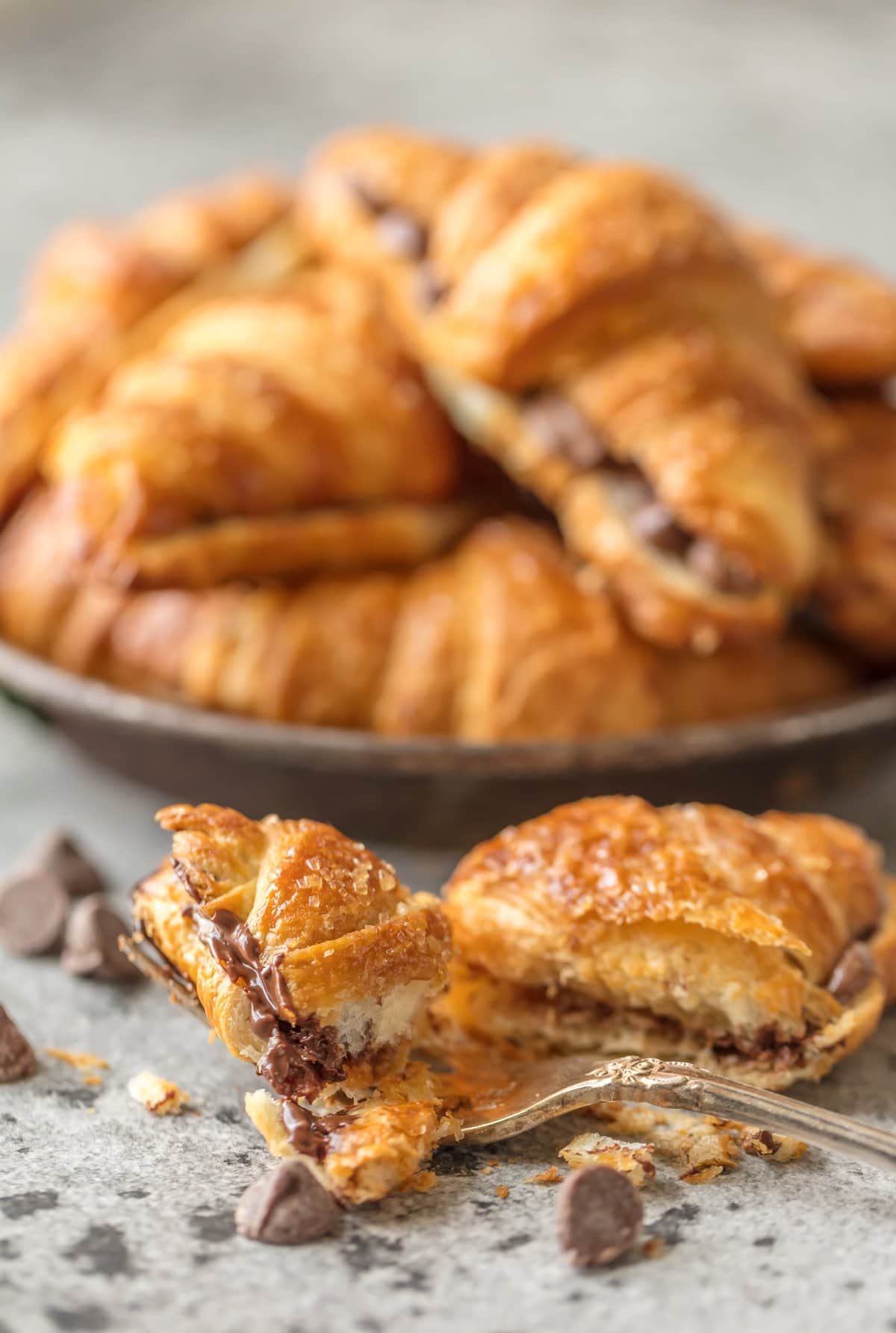 Serving platter full of chocolate croissants