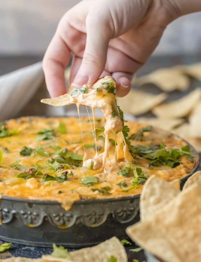 This GREEN CHILE CHICKEN ENCHILADA DIP is the ultimate party food, loaded with chicken, green chiles, cream cheese, sour cream, and so much more. It will be gone in minutes from any get together.