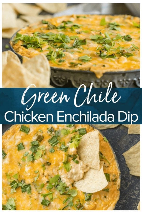 This GREEN CHILE CHICKEN ENCHILADA DIP is the ultimate party food, loaded with chicken, green chiles, cream cheese, sour cream, and so much more. It will be gone in minutes from any get together.