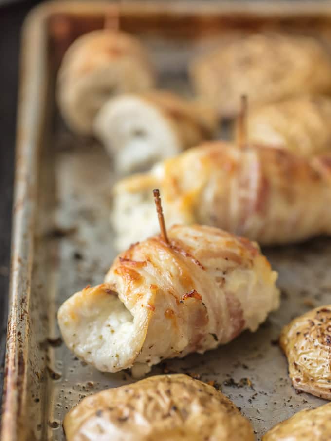 Boursin Chicken Roll ups on a baking sheet