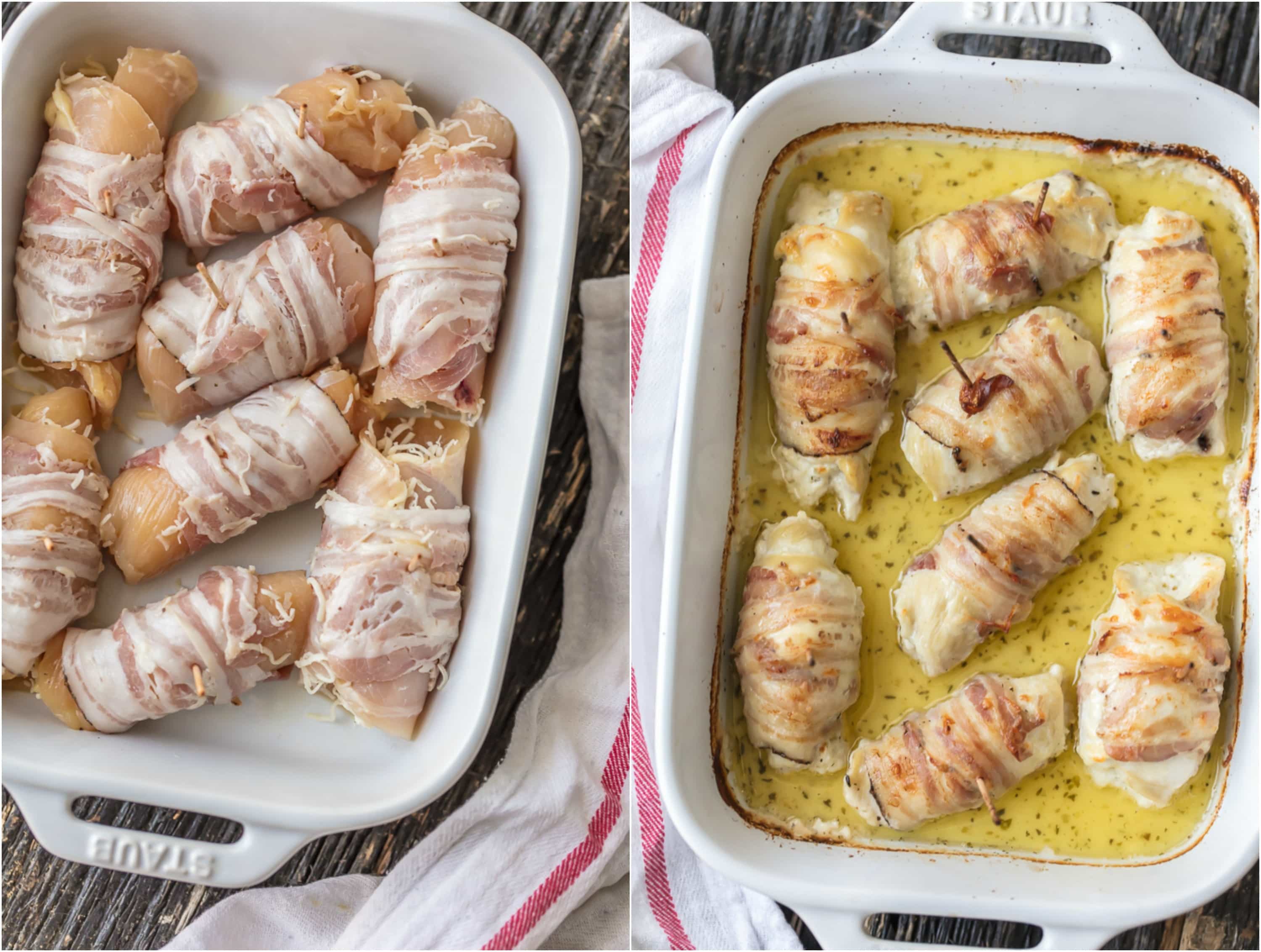 These CHEESY PANCETTA WRAPPED CHICKEN ROLLUPS are so quick and easy and delicious! Chicken stuffed with boursin cheese and wrapped in pancetta makes for the most moist and delicious chicken ever.