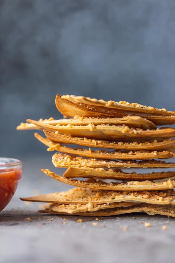 stack of garlic parmesan tortilla chips