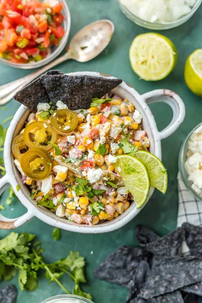 MEXICAN STREET CORN SALSA with blue corn chips