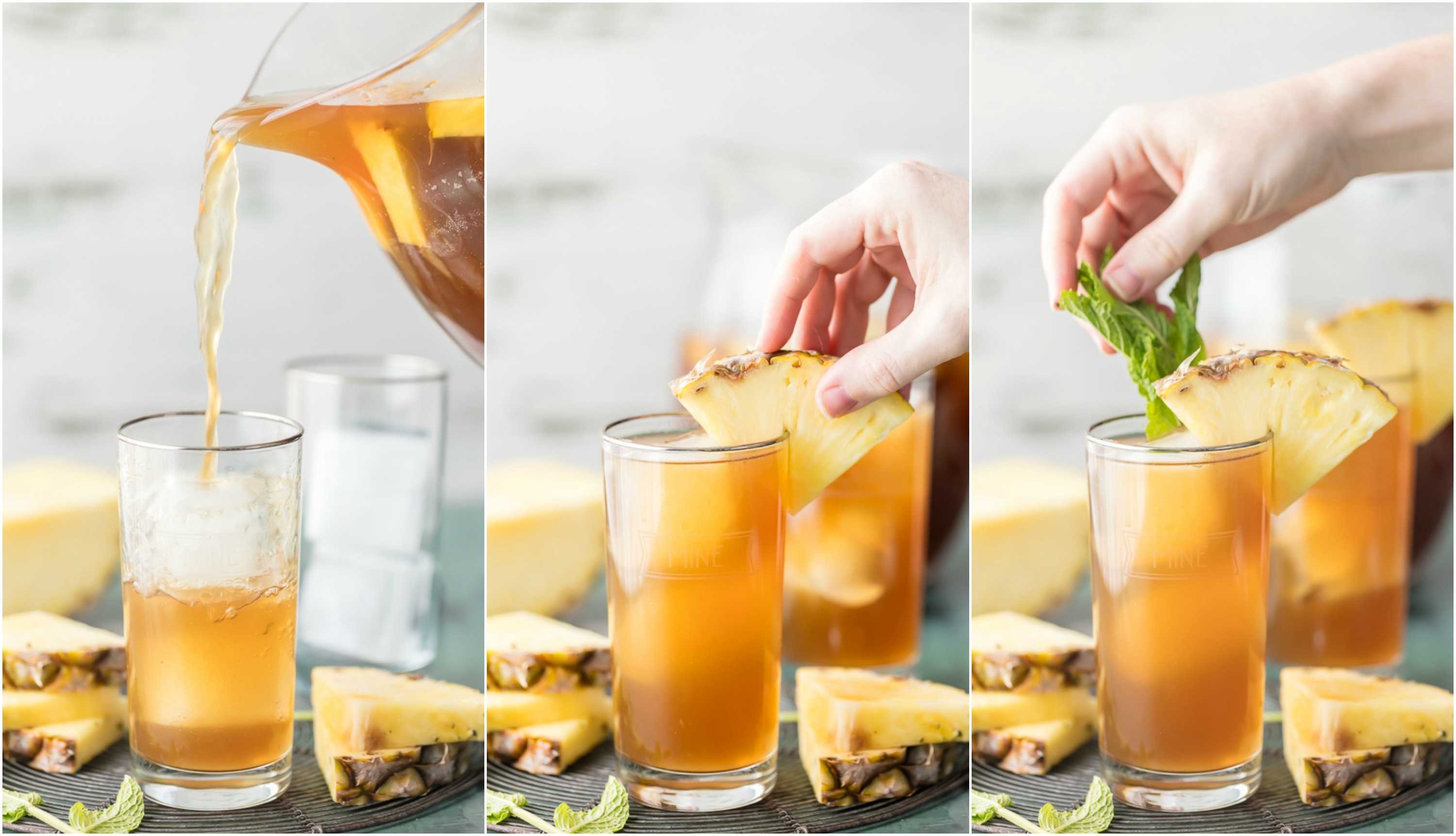 A glass of orange juice, with Tea and Pineapple