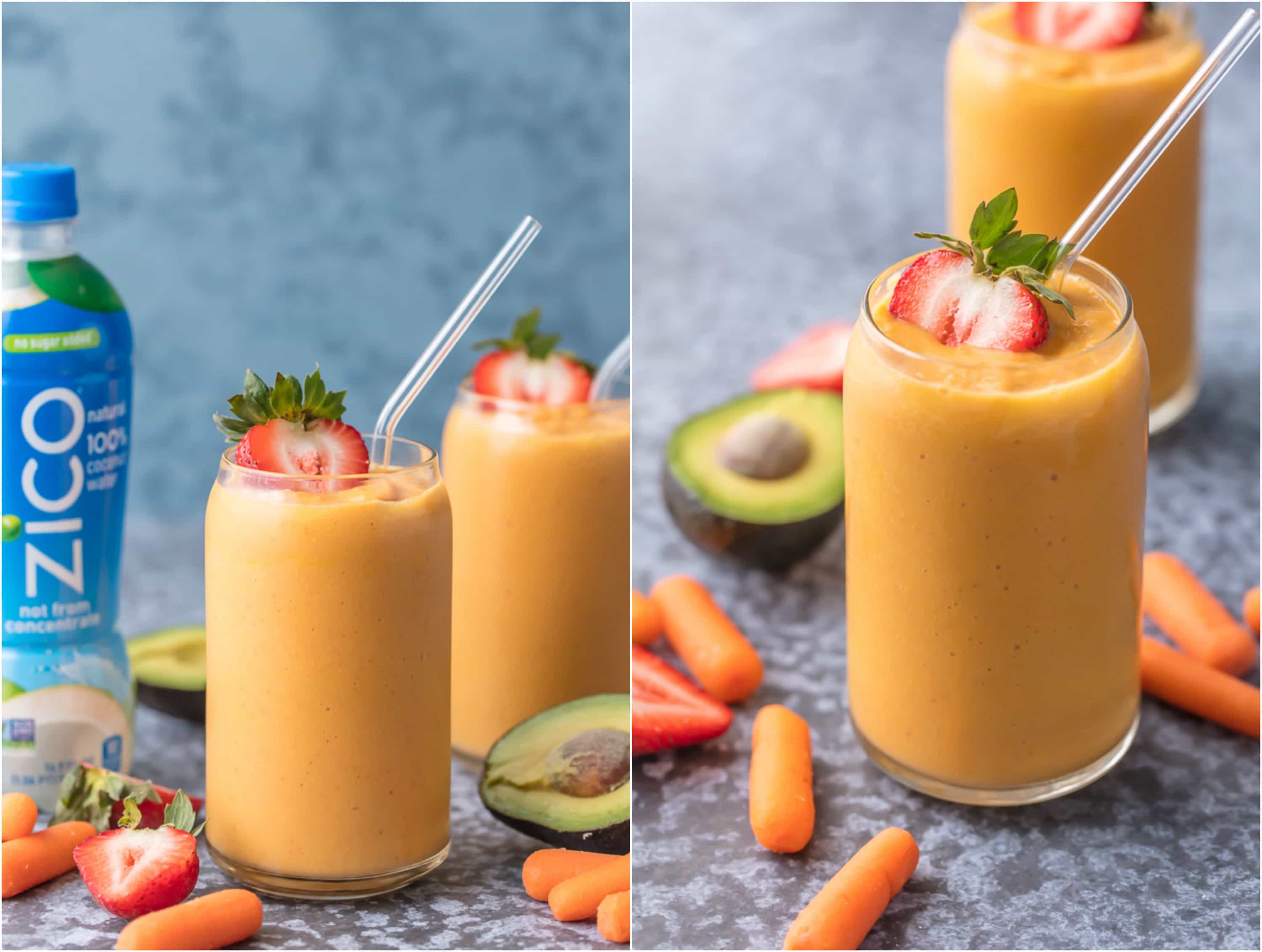 This GLOWING SKIN SMOOTHIE is full of delicious ingredients like coconut water, strawberries, mangoes, carrots, and avocado! Sip your way to beautiful skin with this easy treat.