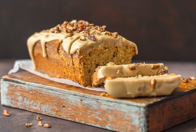 Sliced brown sugar pound cake on cutting board