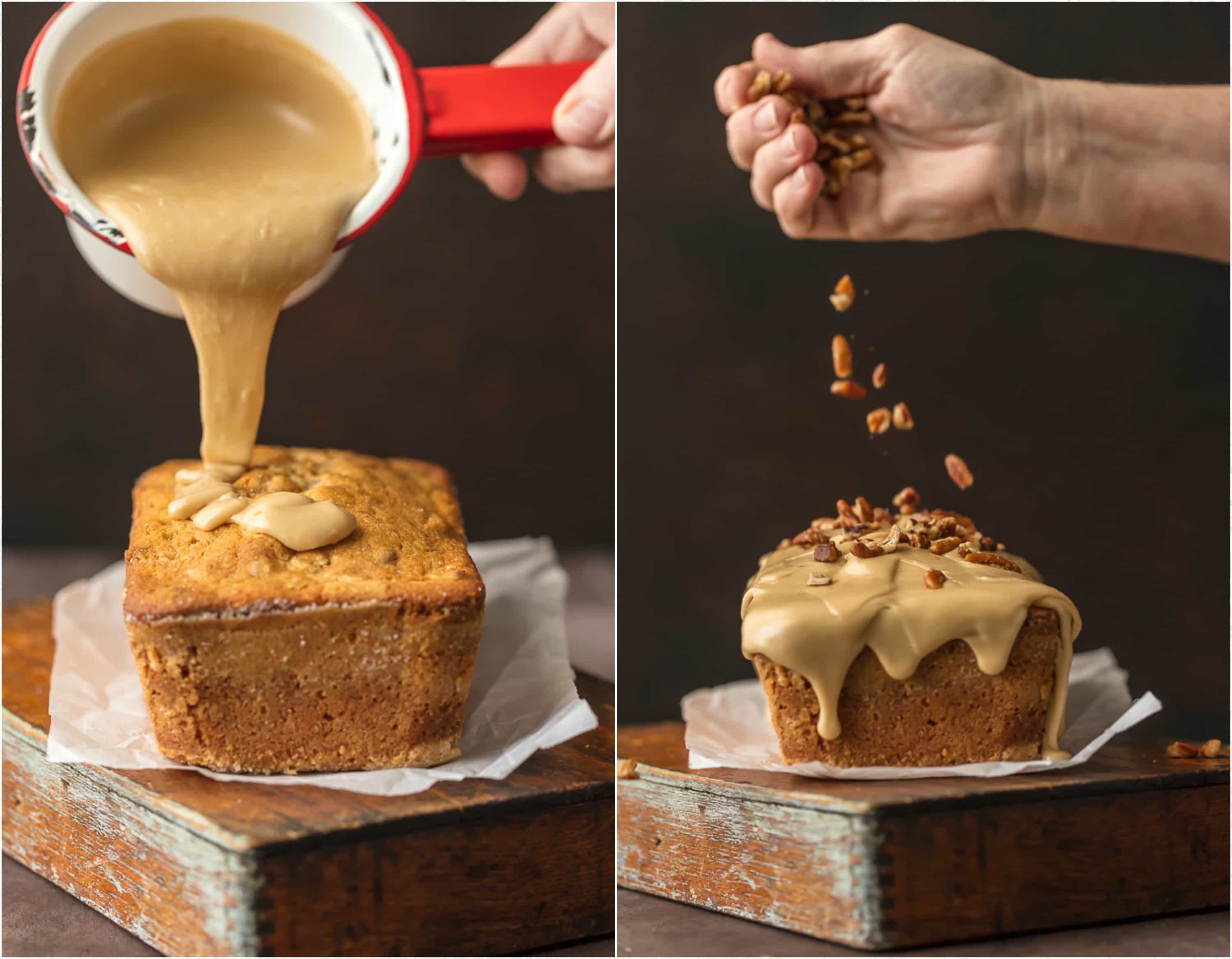 Sprinkling pecans onto pound cake