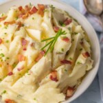 Every Thanksgiving table needs BACON GOAT CHEESE MASHED POTATOES! These are our favorite mashed potatoes and are always a crowd pleaser. So creamy, flavorful, and delicious. THE BEST cheesy mashed potato recipe!