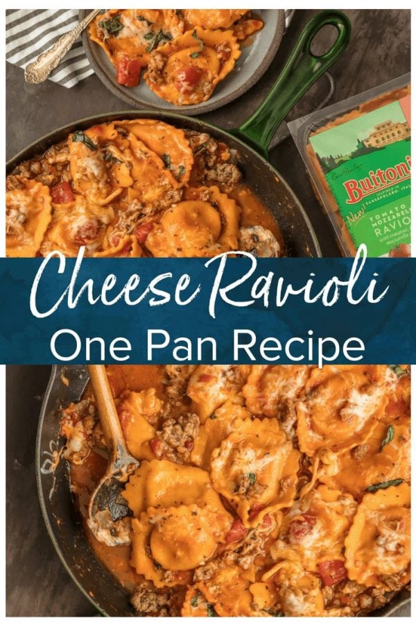 CHEESE RAVIOLI is a classic pasta dish, but I took it up a notch with this One Pan Cheese Ravioli Skillet. It's loaded with cheese-stuffed ravioli, Italian sausage, more cheese, tomatoes, and basil. It’s a simple and fun one pan dinner that everyone will ask for again and again. This cheese ravioli recipe is sure to please the entire family!