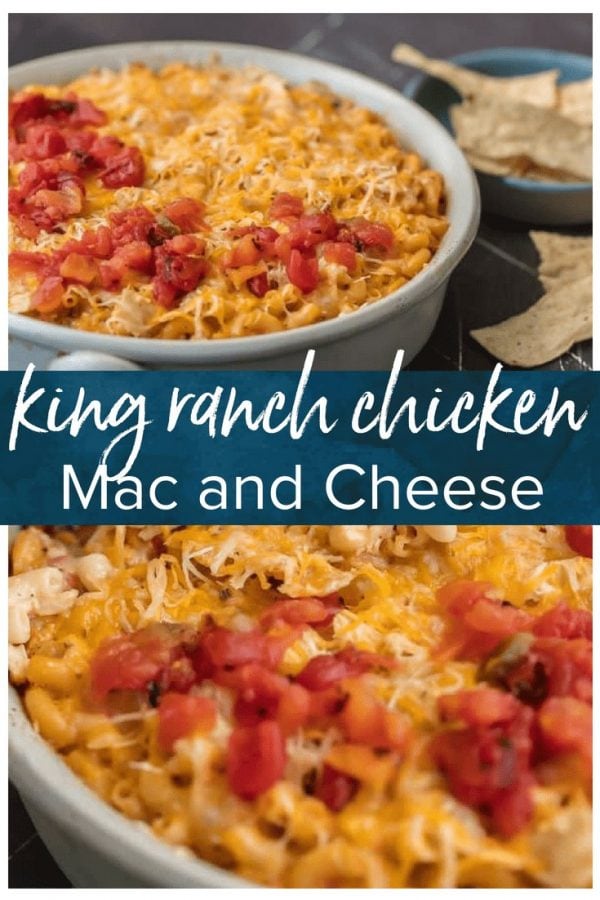 KING RANCH CHICKEN MAC AND CHEESE is a delicious twist on a classic. I wanted to make a fun King Ranch Chicken Recipe that's filled with all those amazing ingredients that I love. This Chicken Mac and Cheese Casserole is loaded with creamy cheese, spicy tomatoes, chunky chicken, and so much more. It will be a family favorite from the first time you make it. 