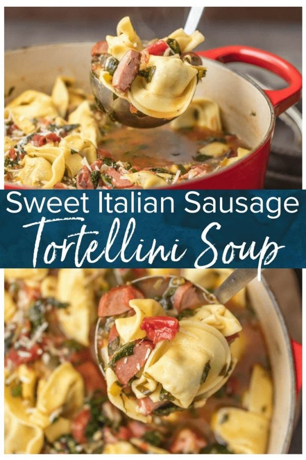 SAUSAGE TORTELLINI SOUP is such an easy and delicious soup to throw together on busy days! This Sweet Italian Sausage Recipe is bursting with that classic Italian flavor. I love it! Using a pre-made stuffed pasta for this Sweet Italian Sausage Tortellini Soup recipe helped make it extra simple AND extra tasty.