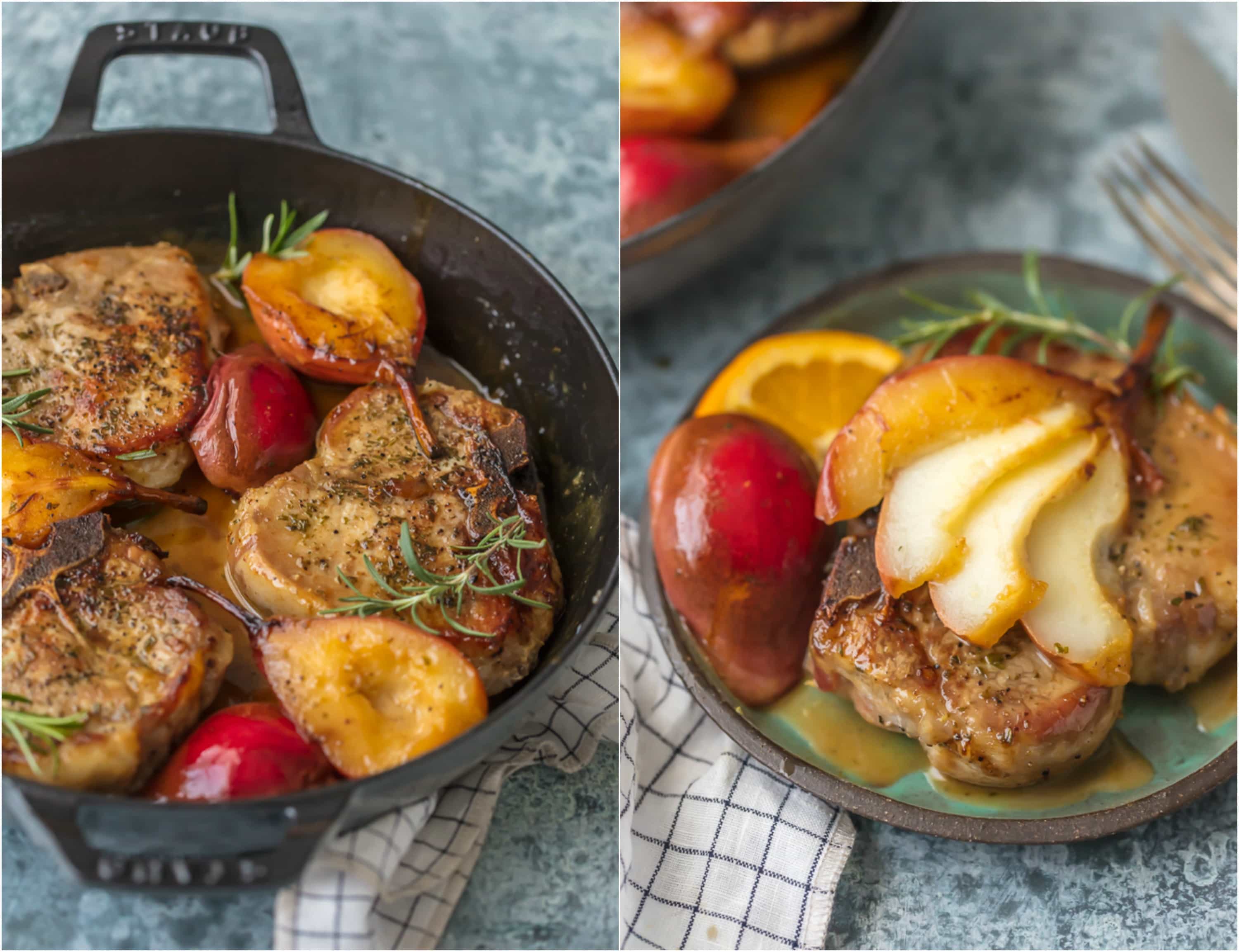 Honey Pork Chops with Pears and Bourbon in skillet and on plate