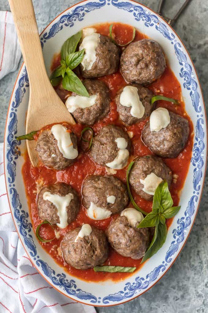 Mozzarella Stuffed Meatballs in marinara sauce