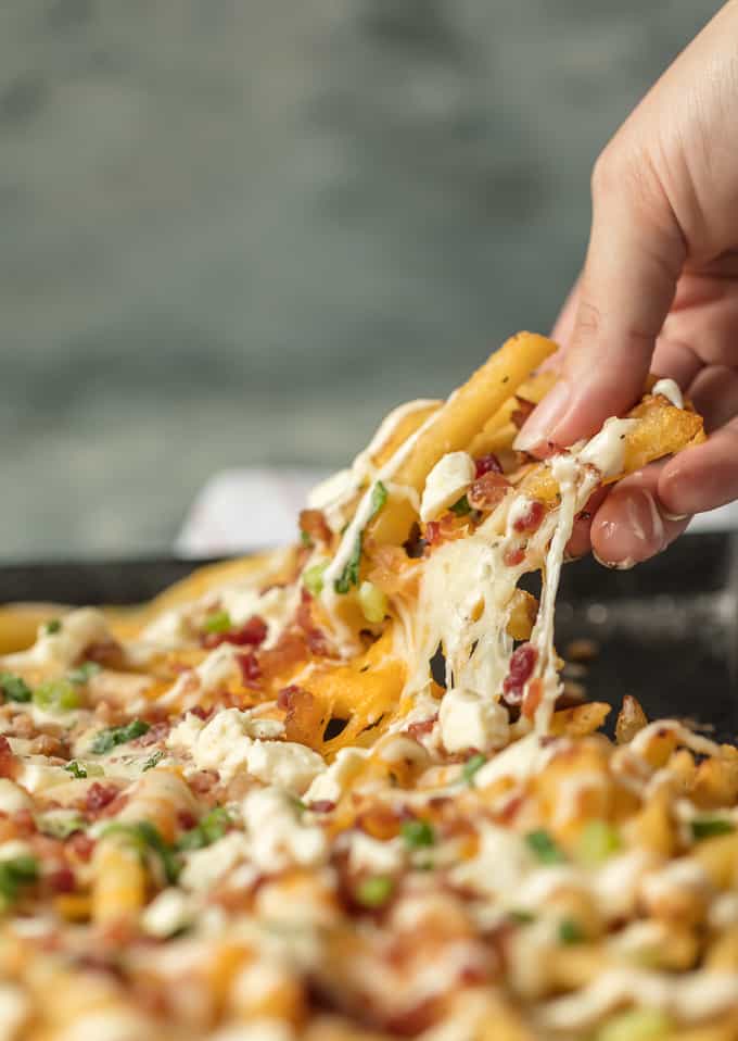 a hand grabbing a handful of cheese bacon ranch fries