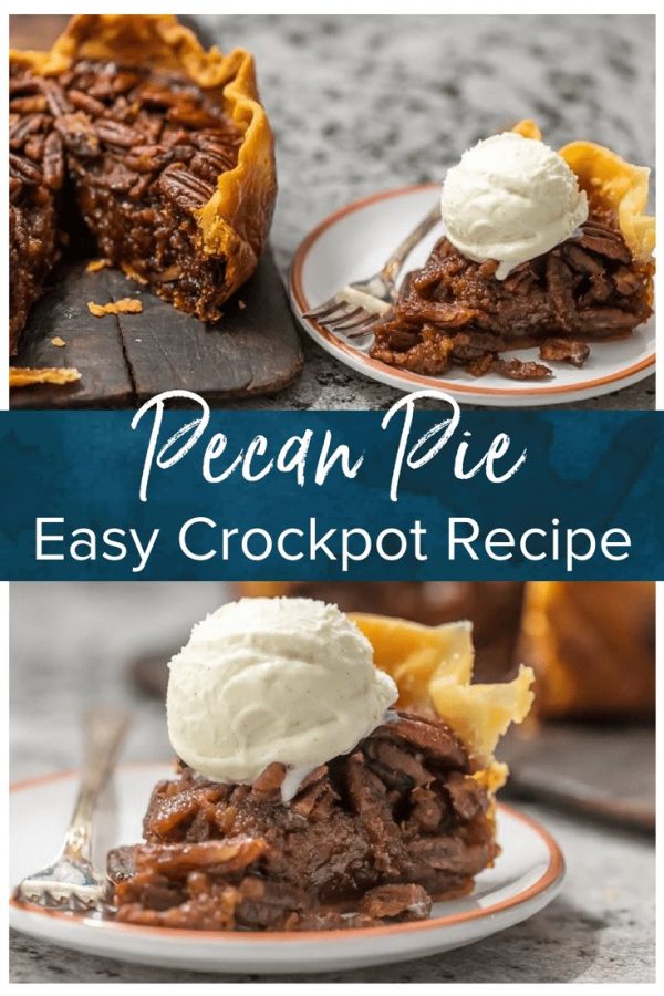 This CROCK POT PECAN PIE will knock your socks off and make for a delicious and easy Thanksgiving, Christmas, or Easter! We LOVE Pecan Pie and it's just as delicious made in a slow cooker!