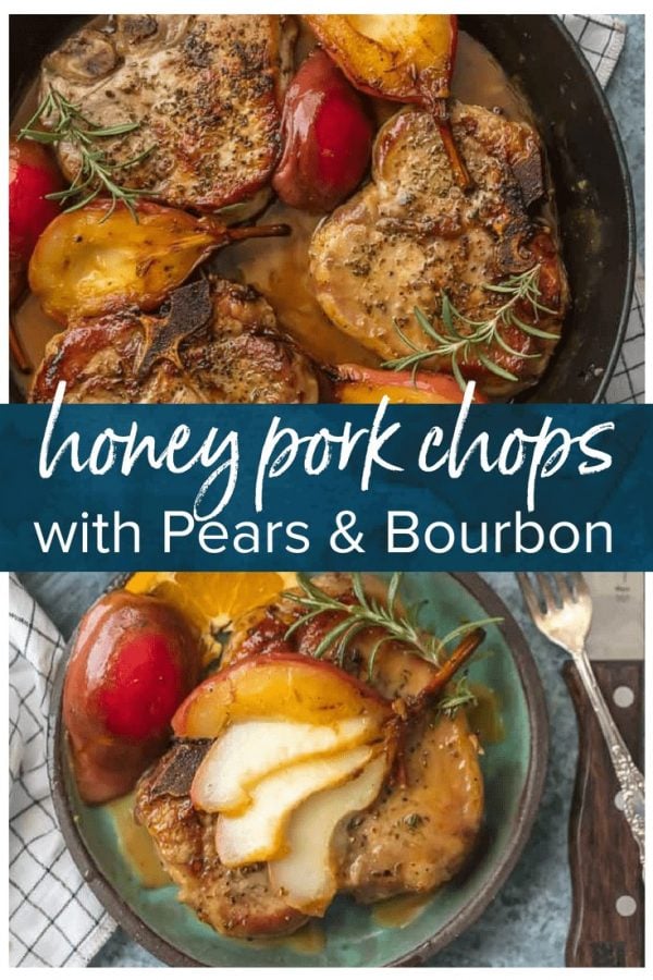 We are obsessed with these HONEY BOURBON PEAR PORK CHOPS! They are herb crusted and the perfect mix of savory and sweet. The best kind of Fall comfort food!