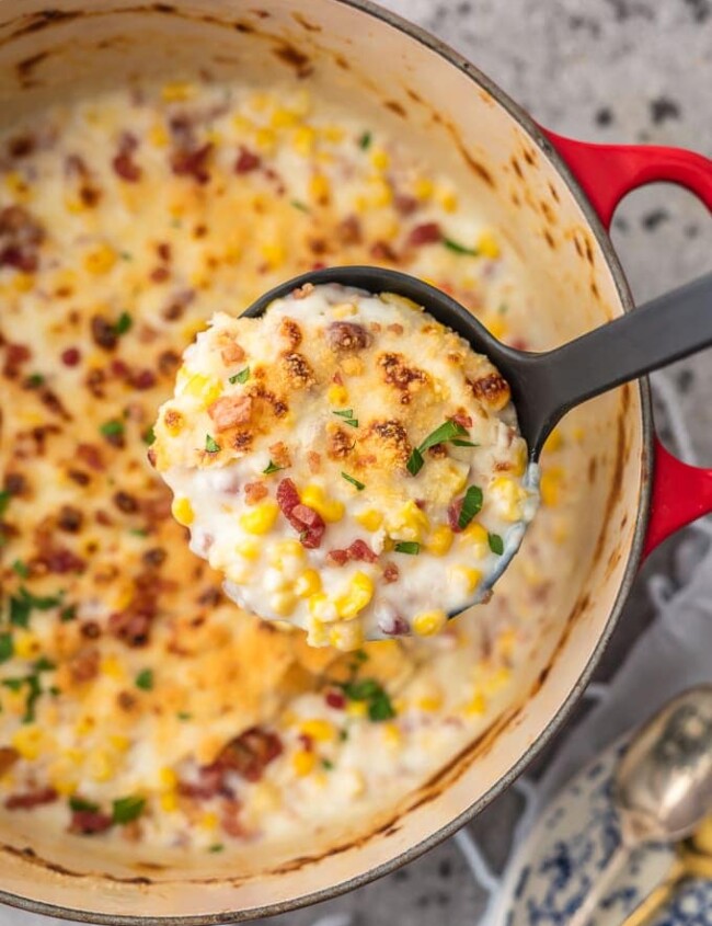 creamed Corn Recipe with Bacon, Parmesan, and Mascarpone is the Thanksgiving Corn Recipe you've been waiting for. This PARMESAN CREAMED CORN WITH BACON AND MASCARPONE is one of our favorite Thanksgiving Side Dish Recipes, but its also great for any time of year. If you're looking for a fabulous and unique gluten free Thanksgiving or Christmas recipe, this Creamed Corn with Bacon