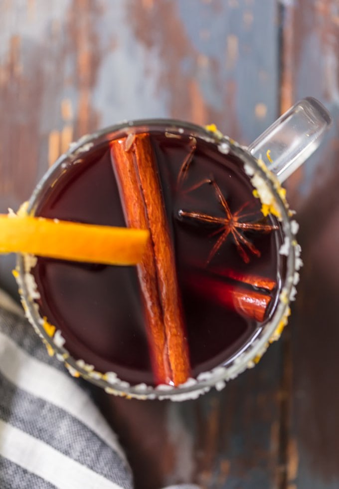 overhead photo of spiced WINE MARGARITA, garnished with a cinnamon stick and star anise