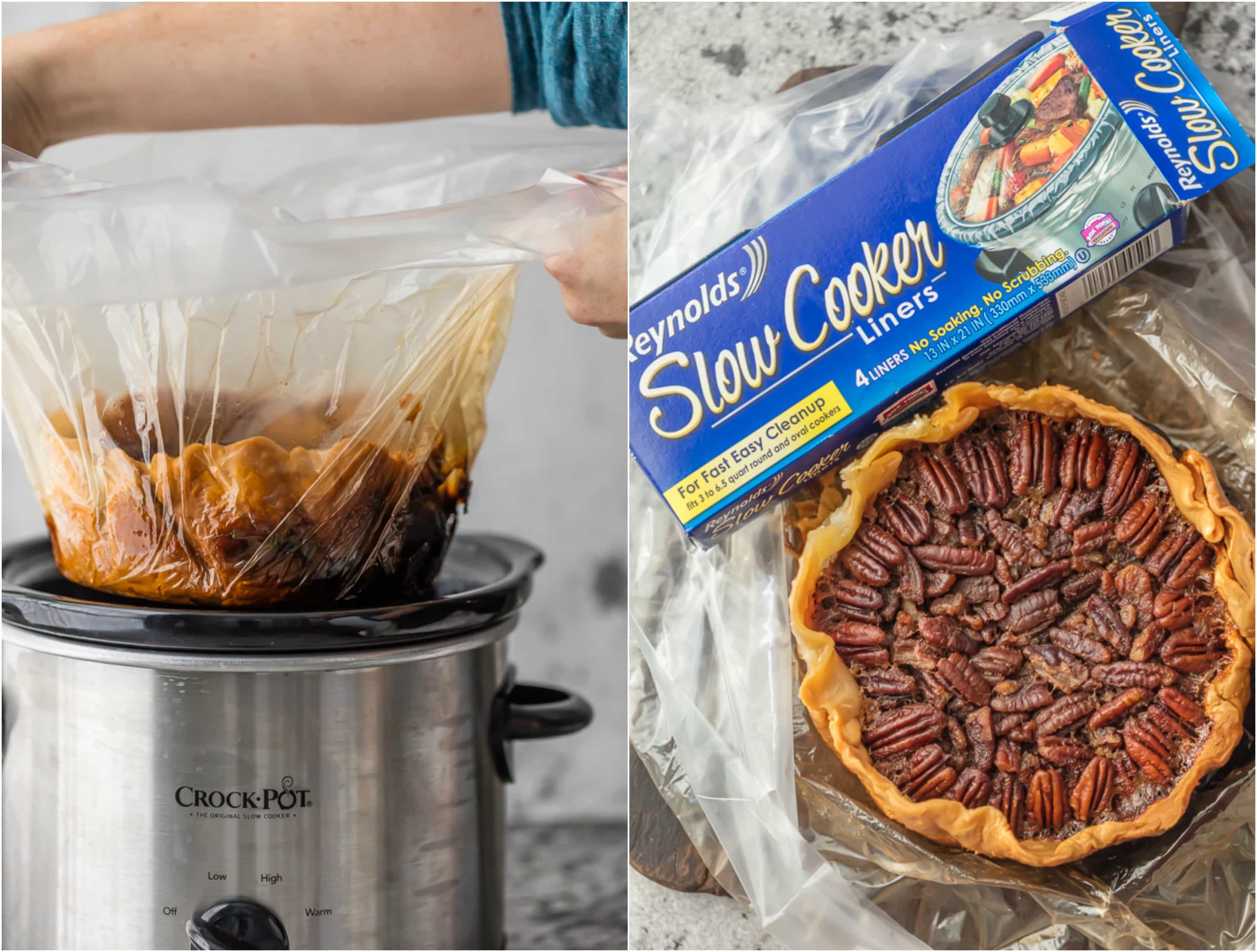 box of slow cooker liners next to a pie